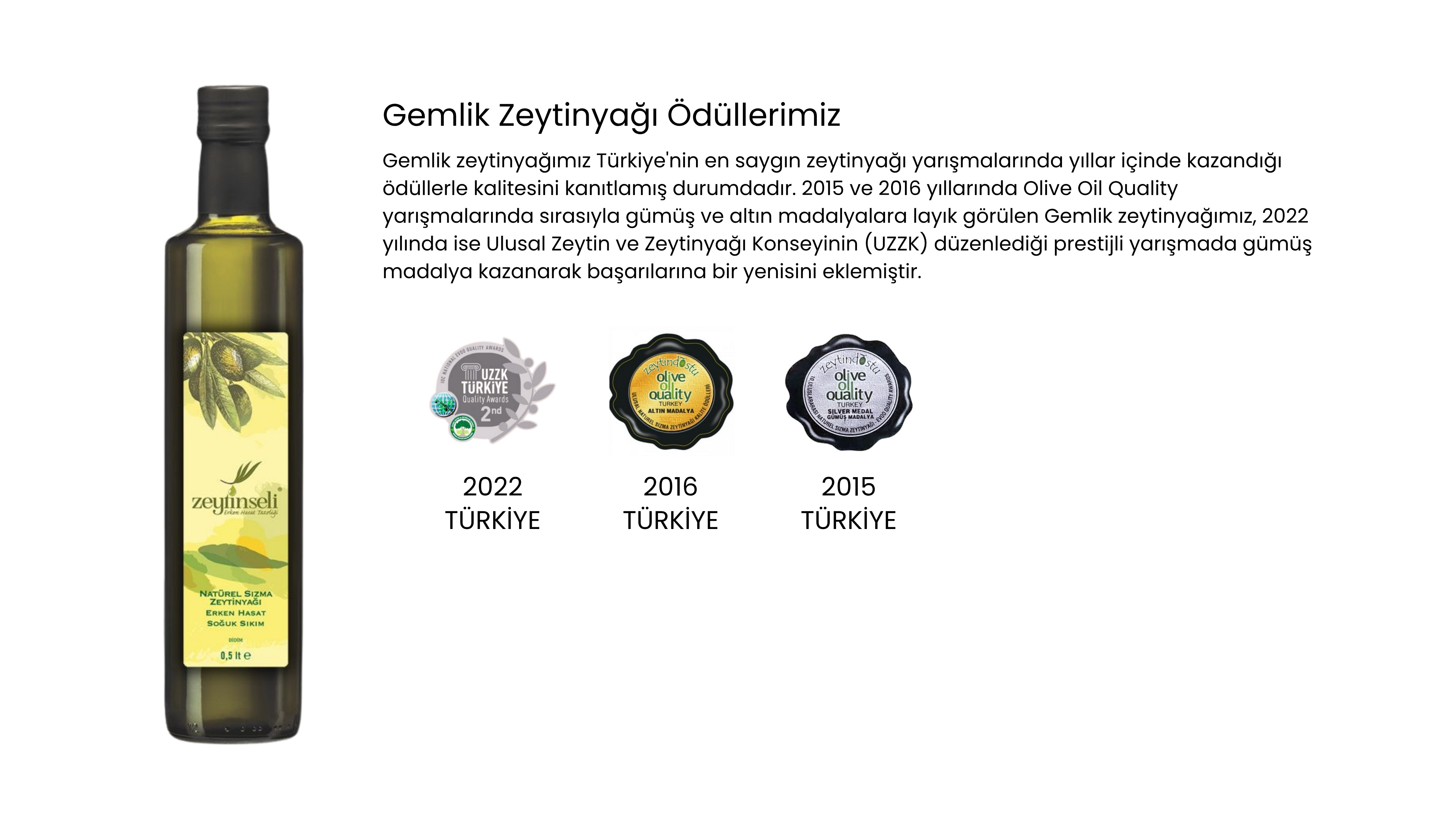 Gemlik zeytinyağımız Türkiye'nin en saygın zeytinyağı yarışmalarında yıllar içinde kazandığı ödüllerle kalitesini kanıtlamış durumdadır. 2015 ve 2016 yıllarında Olive Oil Quality yarışmalarında sırasıyla gümüş ve altın madalyalara layık görülen Gemlik zeytinyağımız, 2022 yılında ise Ulusal Zeytin ve Zeytinyağı Konseyinin (UZZK) düzenlediği prestijli yarışmada gümüş madalya kazanarak başarılarına bir yenisini eklemiştir.