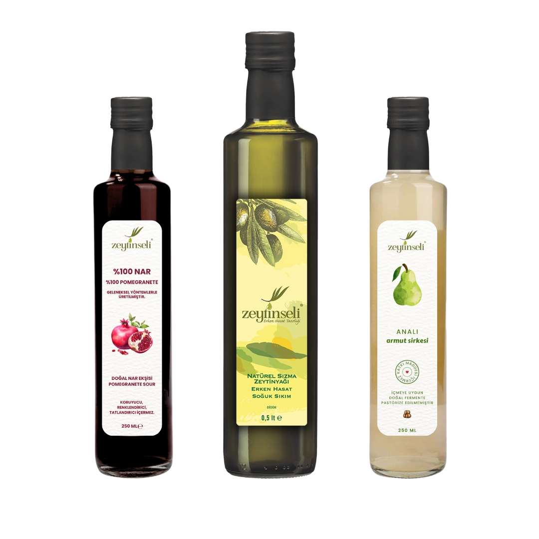 Zeytinseli Armut Sirkesi Nar Ekşisi ve Zeytinyağı Seti