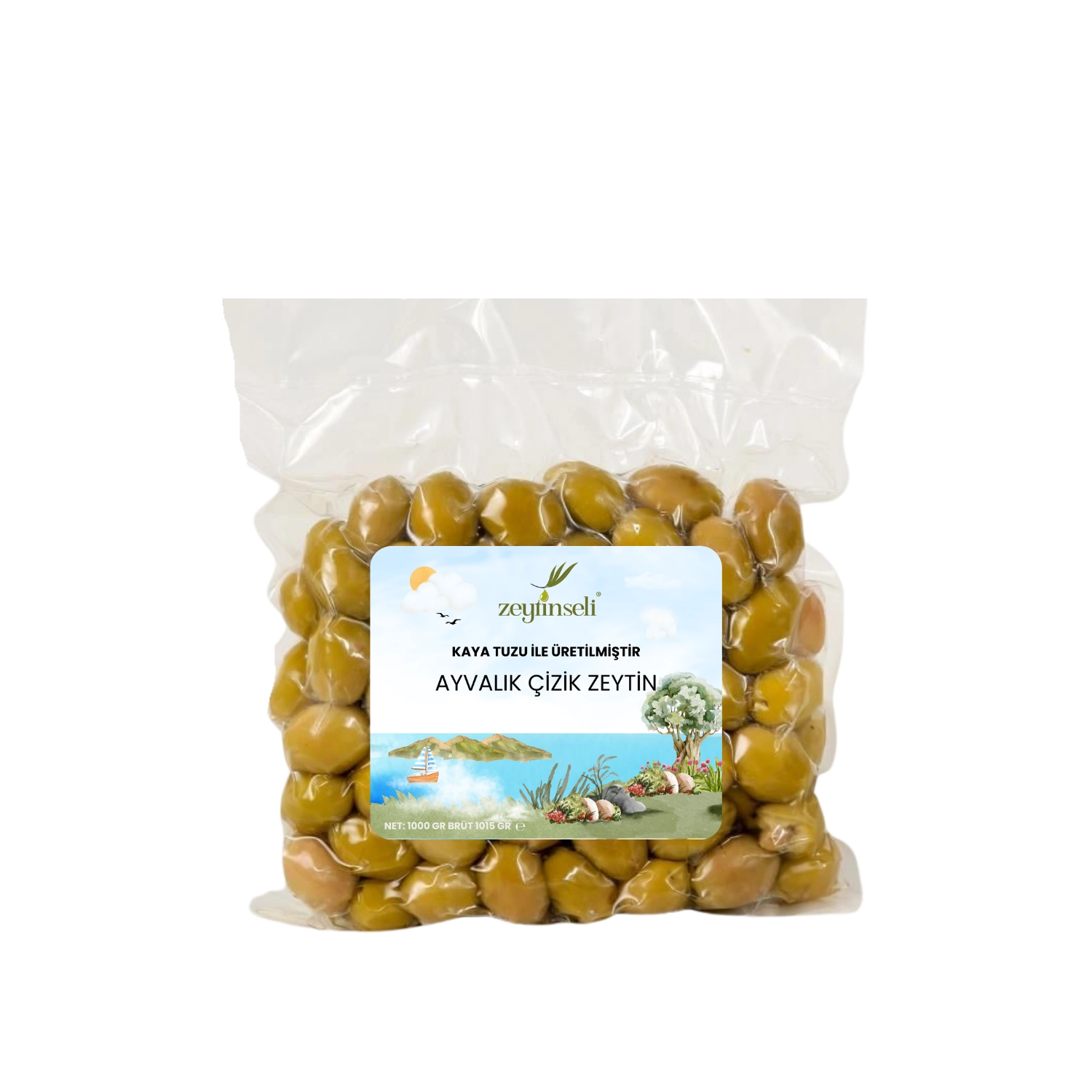 Zeytinseli Ayvalık Cinsi Yeşil Çizik Zeytin Kaya Tuzlu 1 kg