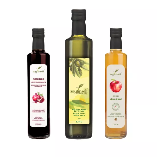 Zeytinseli Elma Sirkesi Nar Ekşisi ve Zeytinyağı Seti