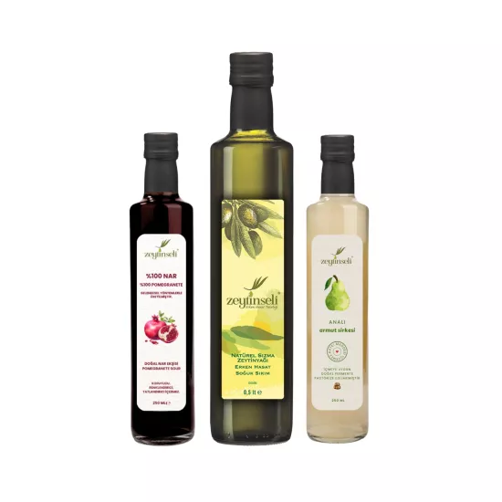Zeytinseli Armut Sirkesi Nar Ekşisi ve Zeytinyağı Seti