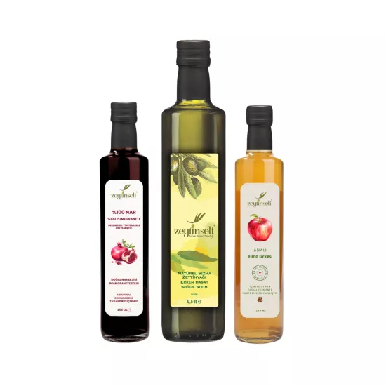 Zeytinseli Elma Sirkesi Nar Ekşisi ve Zeytinyağı Seti