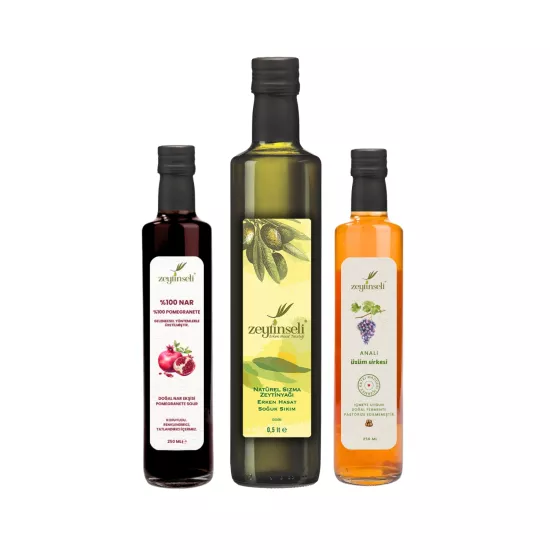 Zeytinseli Üzüm Sirkesi Nar Ekşisi ve Zeytinyağı Seti